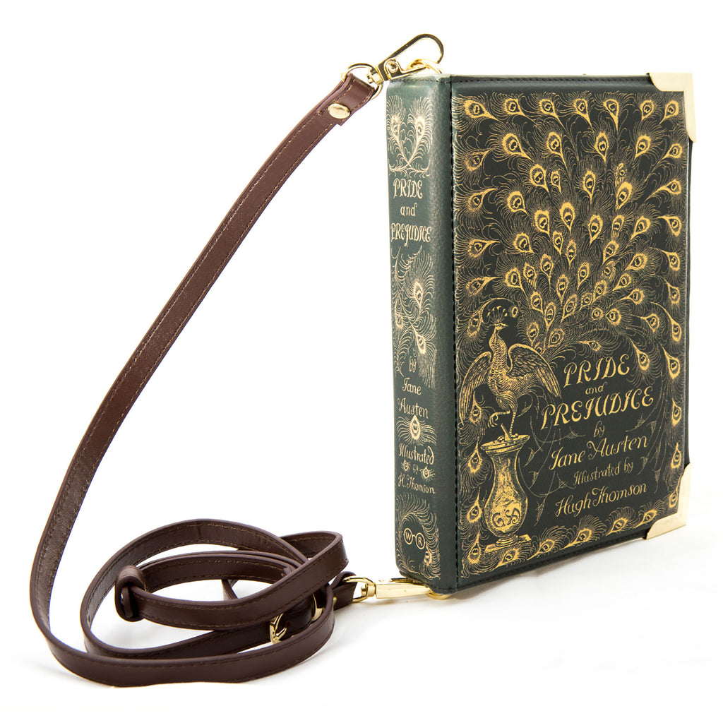 Book-shaped Pride and Prejudice Green Crossbody Purse by Jane Austen with Gold Peacock Feather design, by Well Read Co - Side
