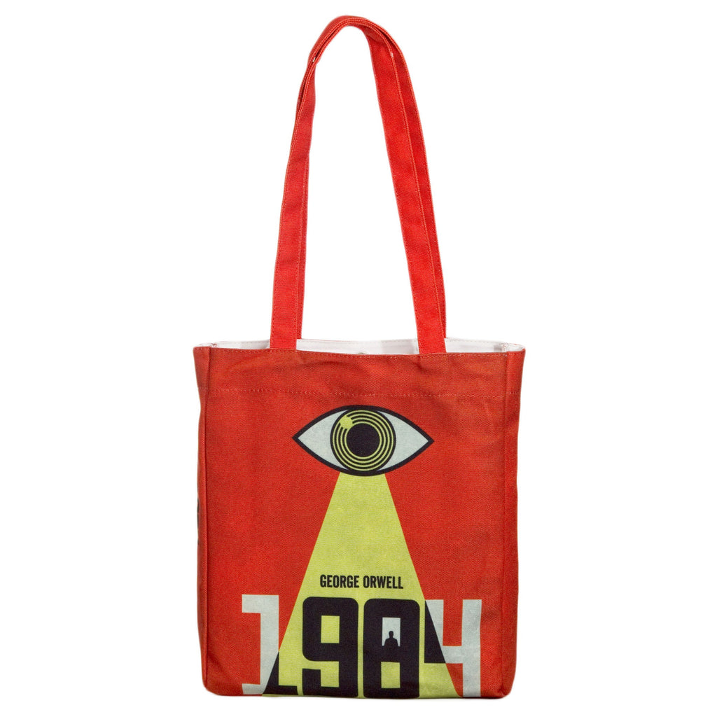 1984 Red and Yellow Tote Bag by George Orwell featuring Watchful Eye design, by Well Read Co. - Front