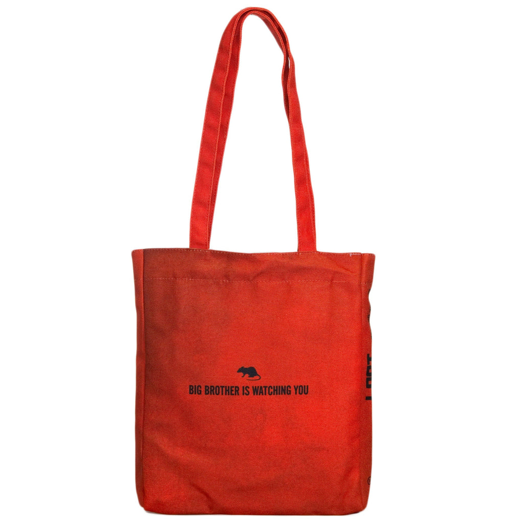 1984 Red and Yellow Tote Bag by George Orwell featuring Watchful Eye design, by Well Read Co. - Back