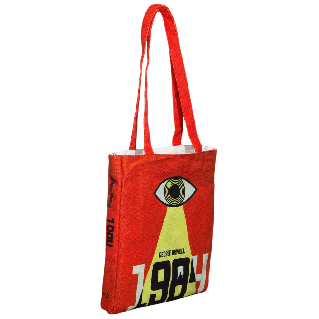1984 Red and Yellow Tote Bag by George Orwell featuring Watchful Eye design, by Well Read Co. - Side
