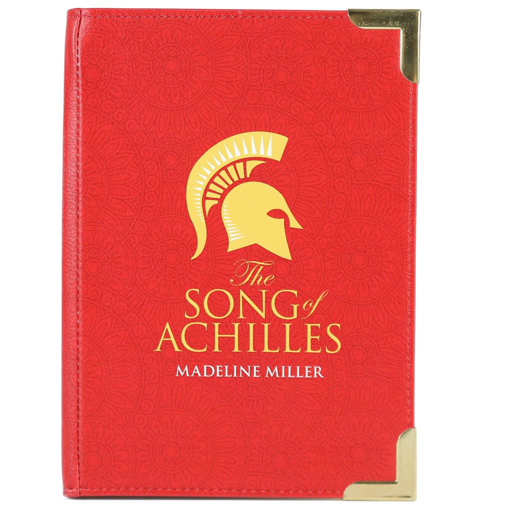 The Song of Achilles Red Handbag by Madeline Miller featuring Gold Trojan Helmet design, by Well Read Co. - Front