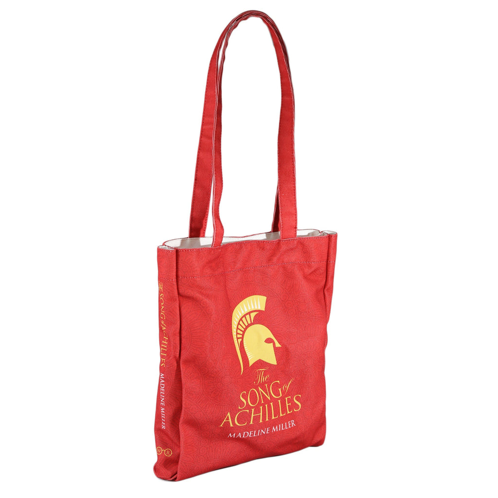 The Song of Achilles Red Tote Bag by Madeline Miller featuring Gold Trojan Helmet design, by Well Read Co. - Side