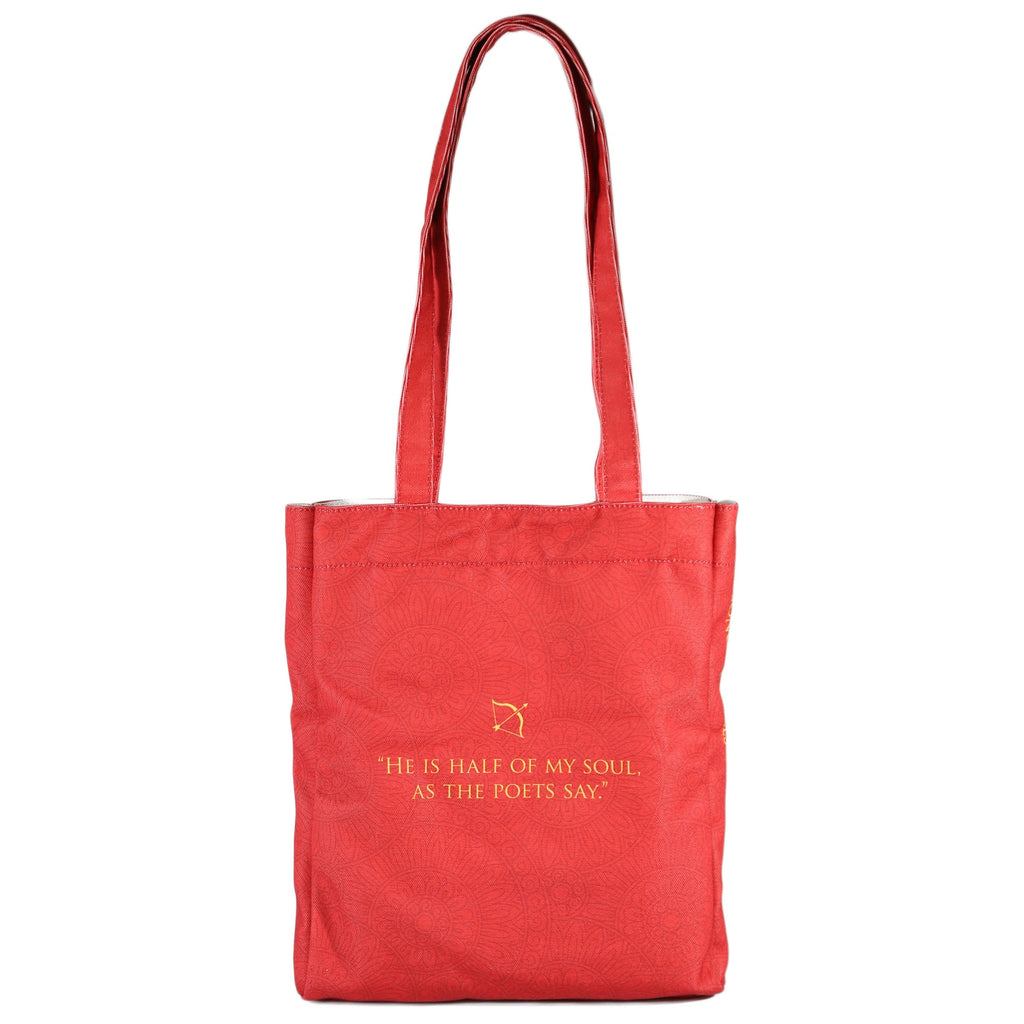 The Song of Achilles Red Tote Bag by Madeline Miller featuring Gold Trojan Helmet design, by Well Read Co. - Back