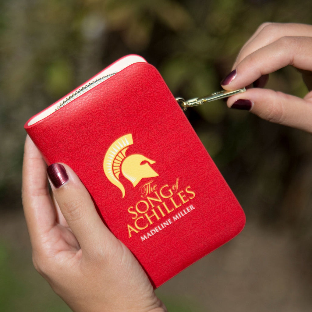 The Song of Achilles Red Wallet by Madeline Miller featuring Gold Trojan Helmet design, by Well Read Co. - Hand