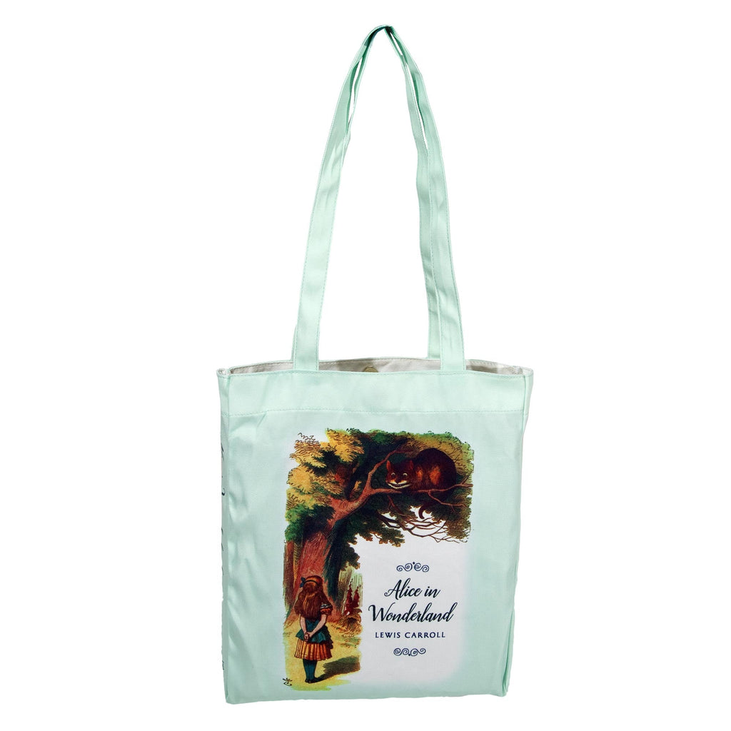 Alice's Adventures in Wonderland Green Tote Bag by Lewis Carroll featuring Alice and Cheshire Cat design, by Well Read Co. - Front