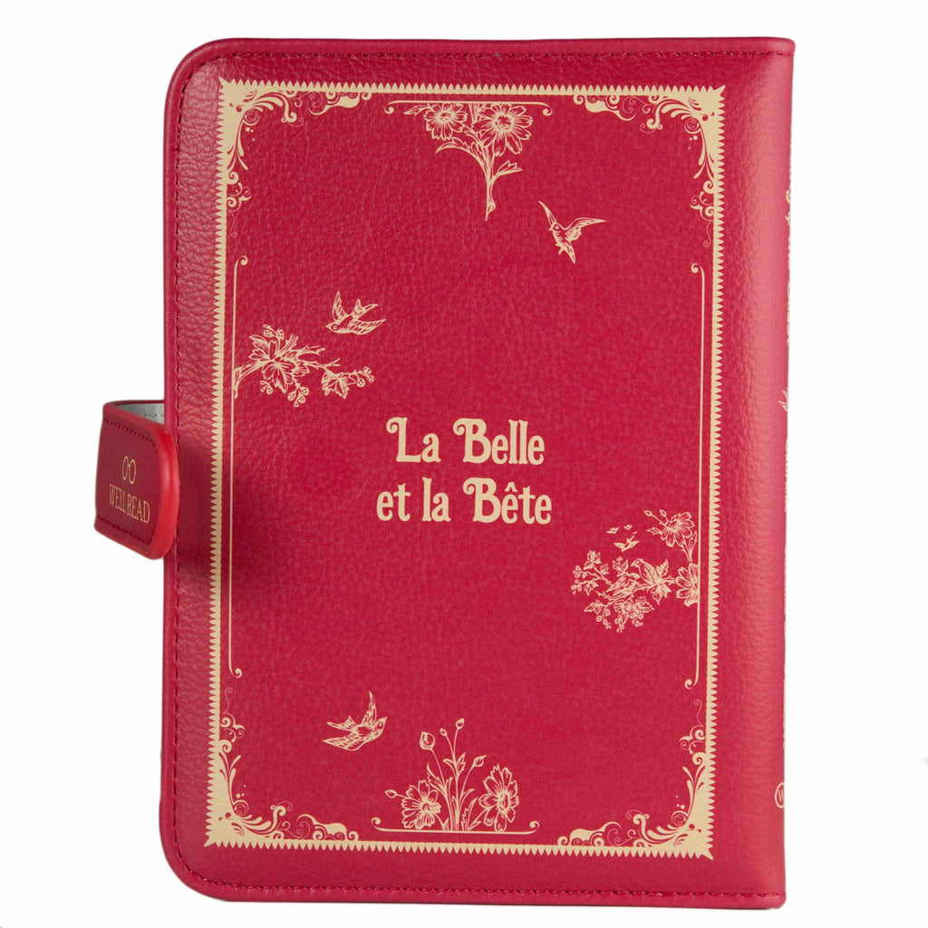 Beauty and the Beast Ruby Red Wallet Purse by Gabrielle-Suzanne de Villeneuve featuring Swallows and Flowers design, by Well Read Co. - Back View, Clasp Open