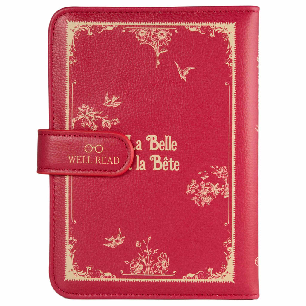 Beauty and the Beast Ruby Red Wallet Purse by Gabrielle-Suzanne de Villeneuve featuring Swallows and Flowers design, by Well Read Co. - Back View, Clasp Closed