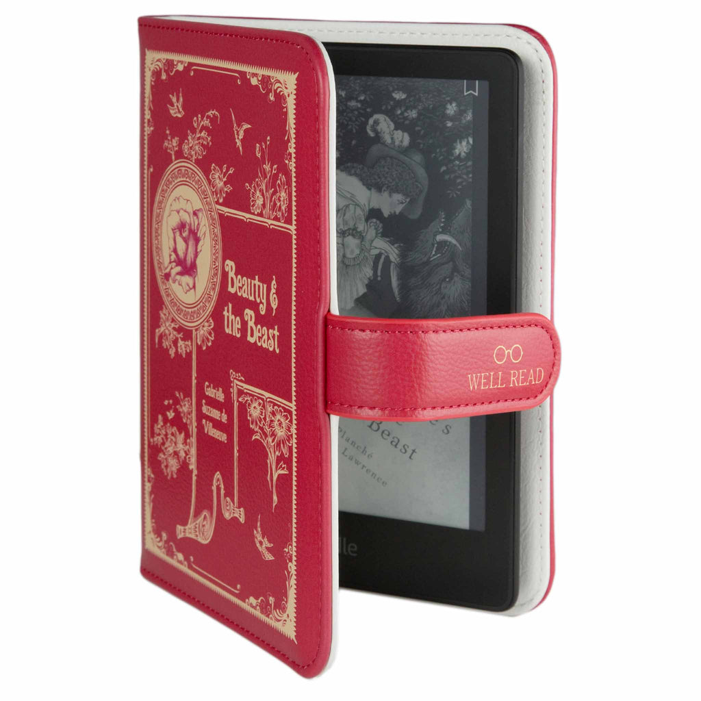 Beauty and the Beast Ruby Red Wallet Purse by Gabrielle-Suzanne de Villeneuve featuring Swallows and Flowers design, by Well Read Co. - Front View, Case Open