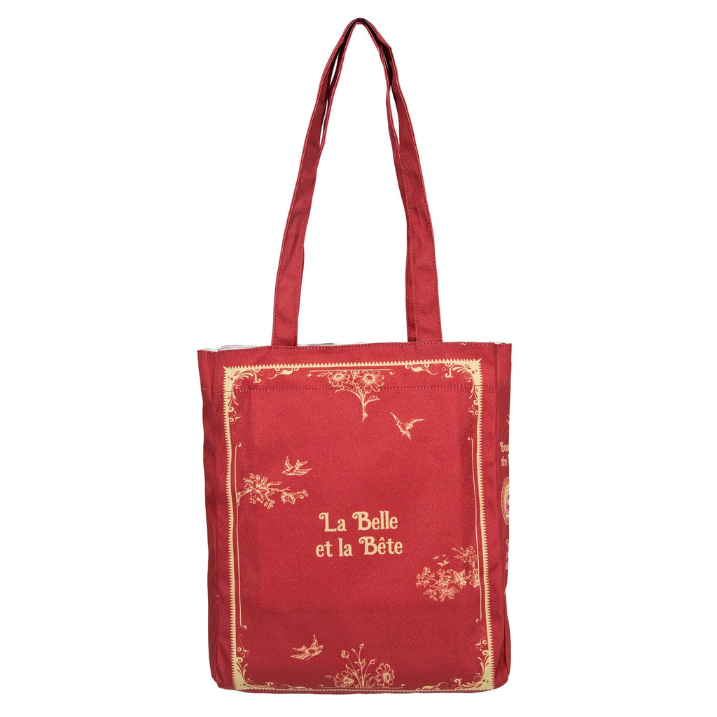 Beauty and the Beast Red Tote Bag by Gabrielle-Suzanne de Villeneuve featuring Gold Flowers and Swallows design, by Well Read Co. - Back