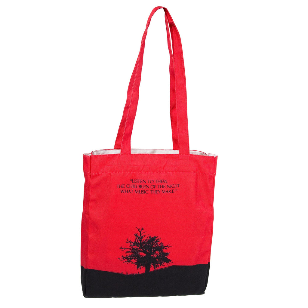Dracula Red Tote Bag by Bram Stoker featuring Black Castle and Bats design, by Well Read Co. - Back