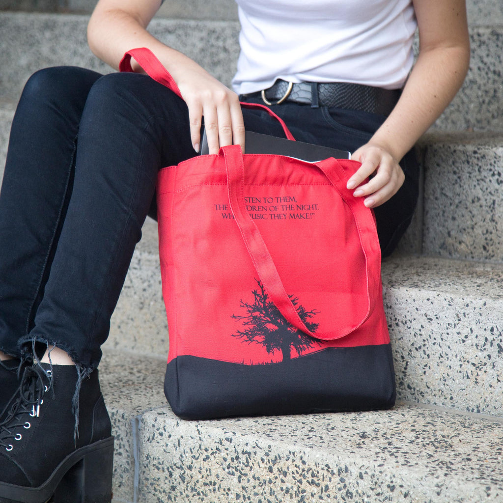 Dracula Red Tote Bag by Bram Stoker featuring Black Castle and Bats design, by Well Read Co. - With Open Bag