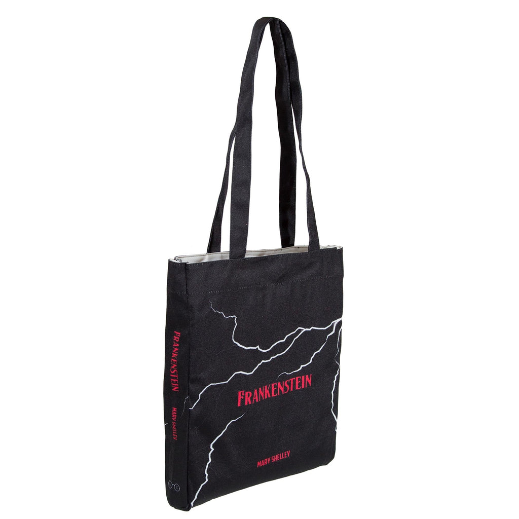 Frankenstein Black Tote Bag by Mary Shelley featuring Lightning Flash design, by Well Read Co. - Side