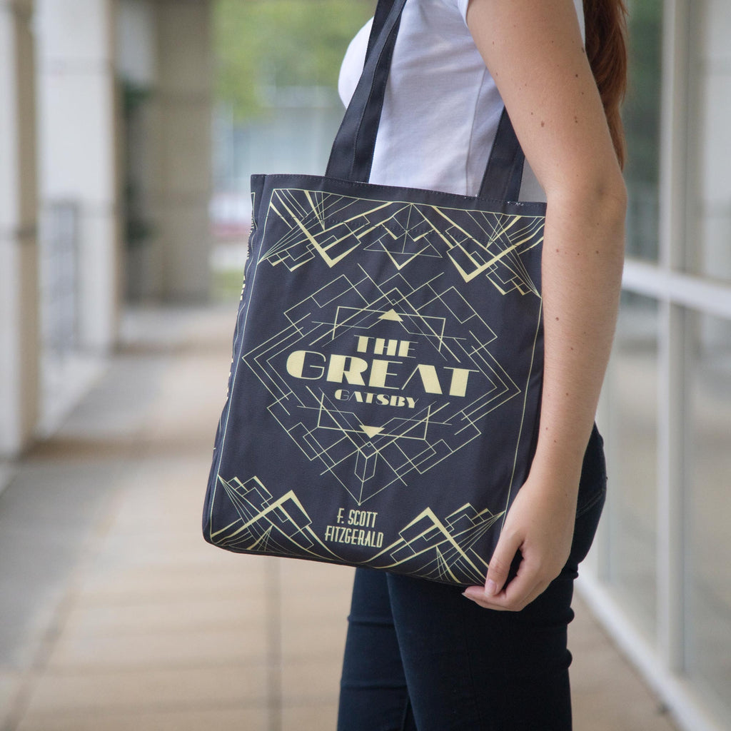 The Great Gatsby Black Tote Bag by F. Scott Fitzgerald featuring Art-Deco Lattice design, by Well Read Co. - Model Standing