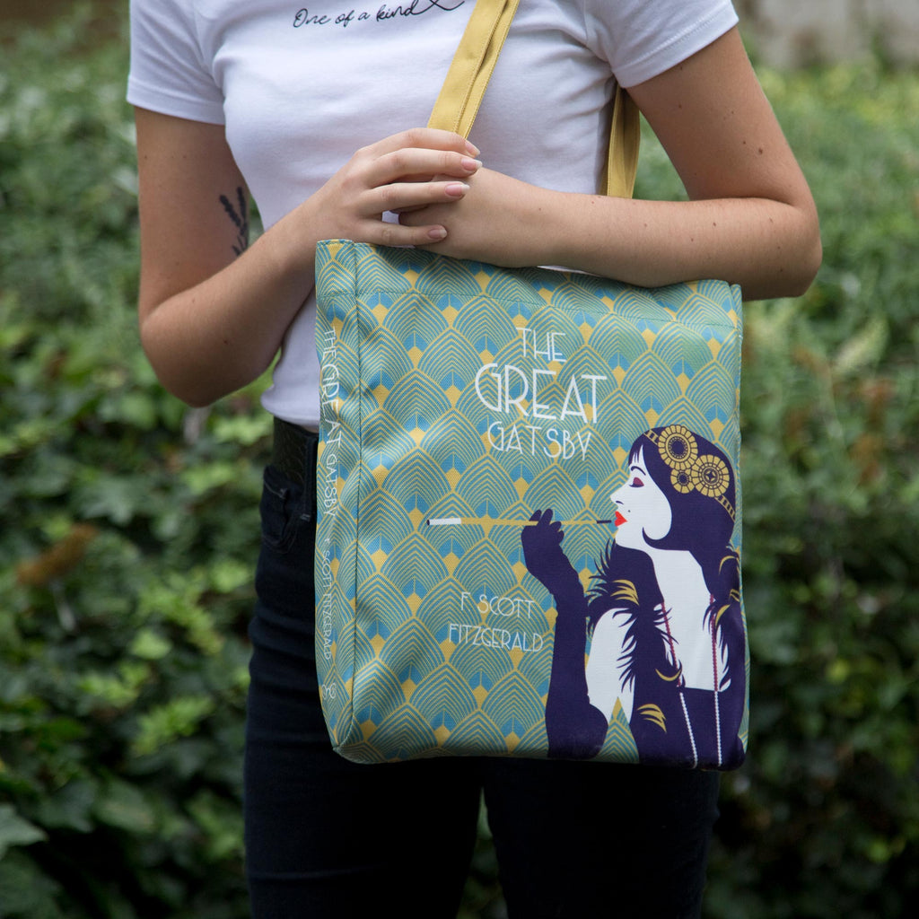 The Great Gatsby Tote Bag by F. Scott Fitzgerald featuring flapper girl, by Well Read Co.- Model