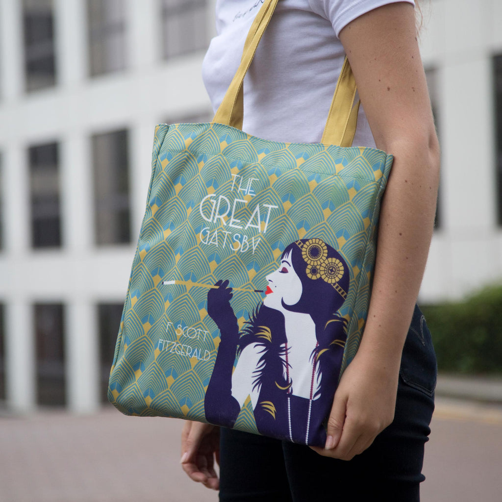 The Great Gatsby Tote Bag by F. Scott Fitzgerald featuring flapper girl, by Well Read Co.- Model with bag