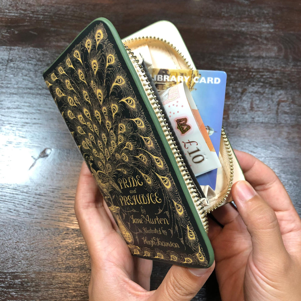 Pride and Prejudice Green Wallet Purse by Jane Austen with Gold Peacock design, by Well Read Co. - Inside