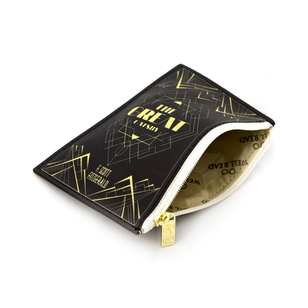 The Great Gatsby Black and Gold Coin Purse by F. Scott Fitzgerald featuring Art-Deco Lattice design, by Well Read Co. - Opened Zipper