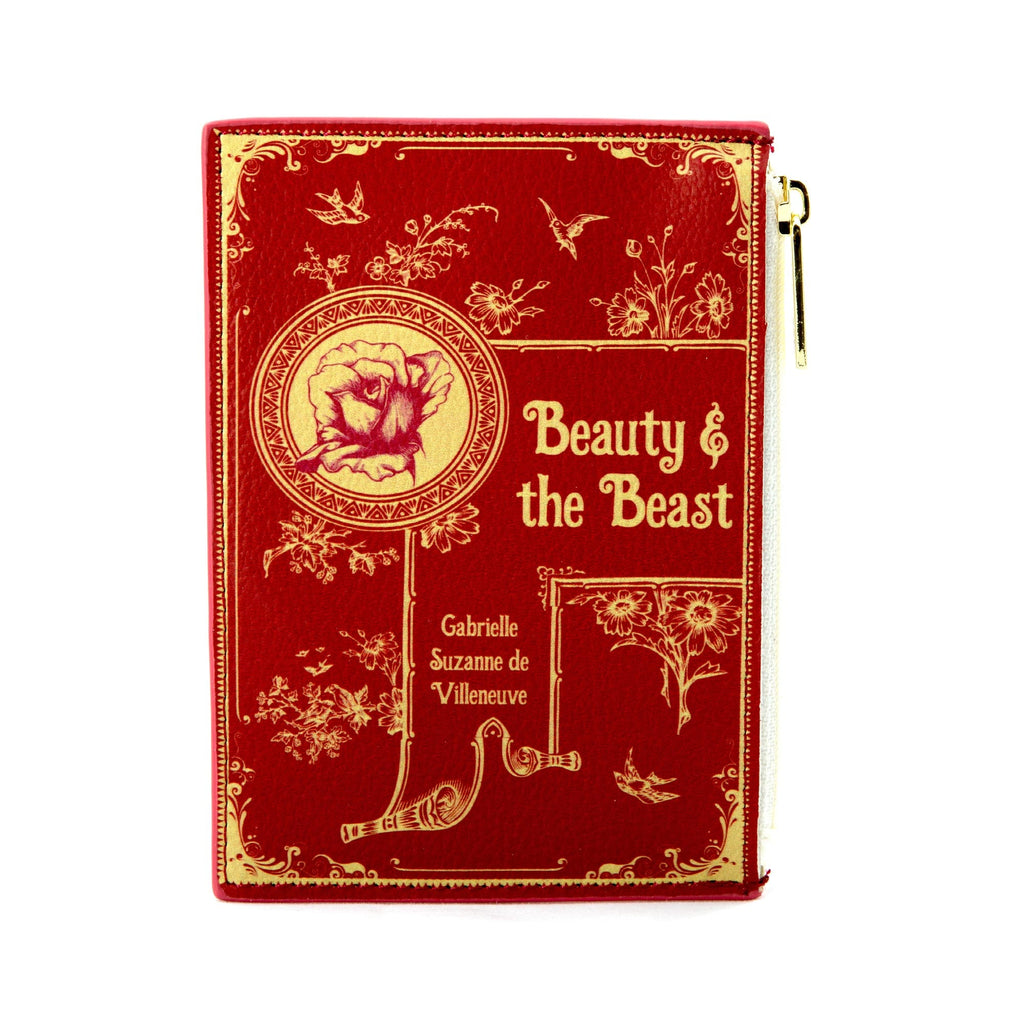 Beauty and the Beast Red Coin Purse by Gabrielle-Suzanne de Villeneuve featuring Golden Flowers and Swallows design, by Well Read Co. - Front