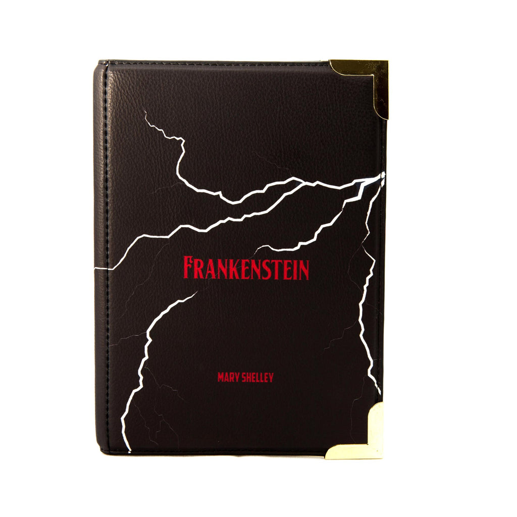 Frankenstein Black Handbag by Mary Shelley featuring White Lightning Strikes design, by Well Read Co. - Front