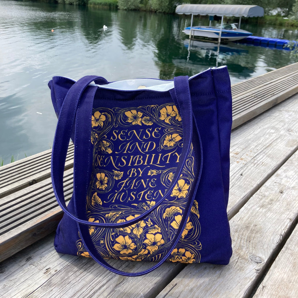 Sense and Sensibility Blue Tote Bag by Jane Austen featuring Gold Flower design, by Well Read Co. - Large