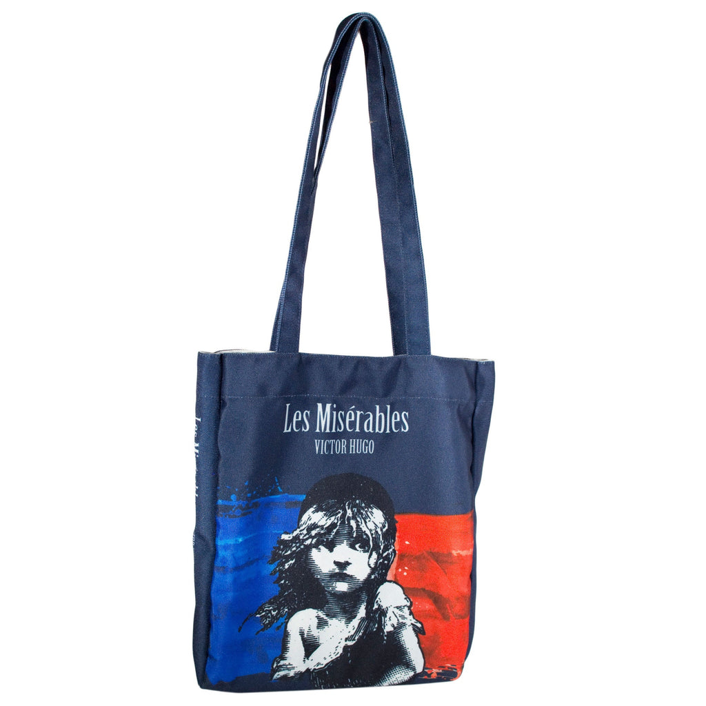Les Misérables Navy Tote Bag by Victor Hugo featuring Cosette over French flag design, by Well Read Co. - Front