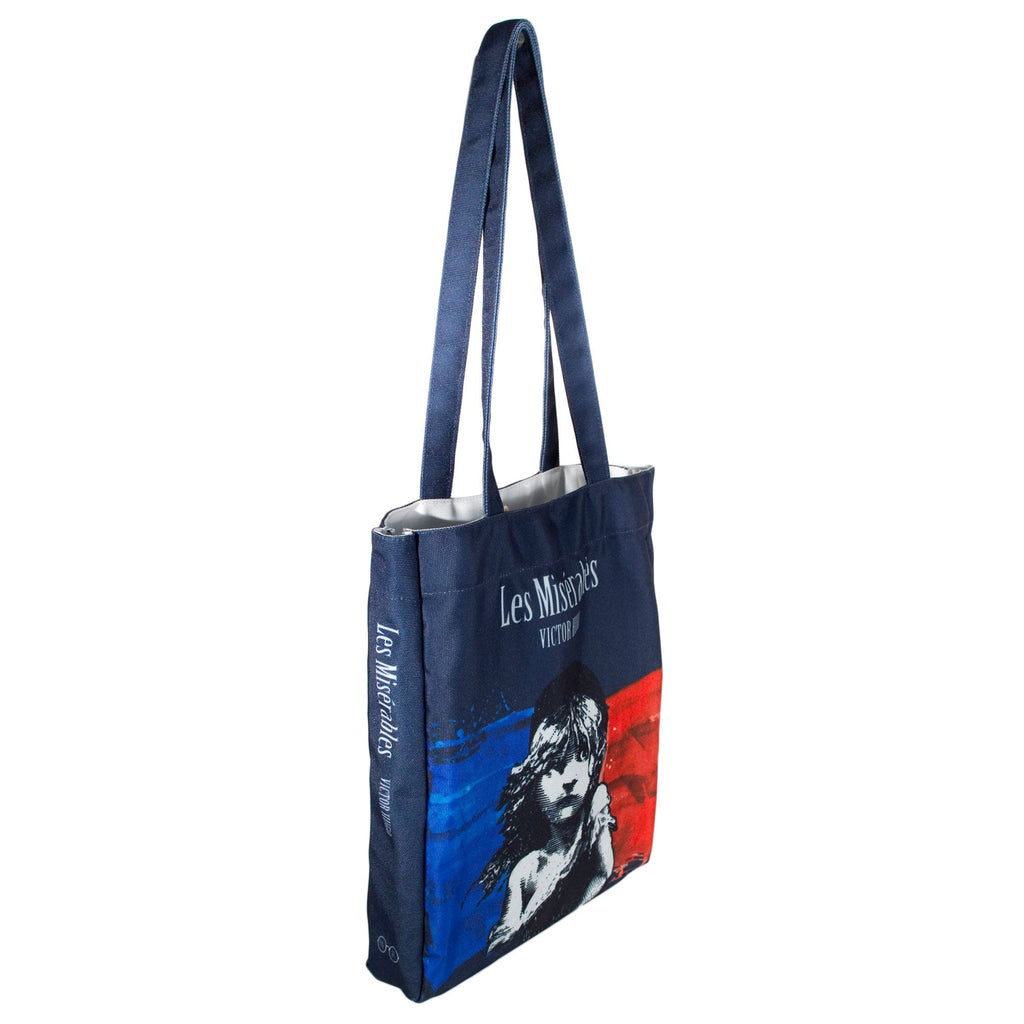 Les Misérables Navy Tote Bag by Victor Hugo featuring Cosette over French flag design, by Well Read Co. - Side