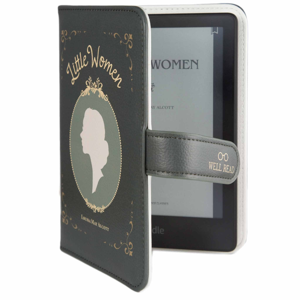 Little Women Green Kindle Case by Louisa May Alcott featuring Young Woman Profile, by Well Read Co. - Front View, Case Open