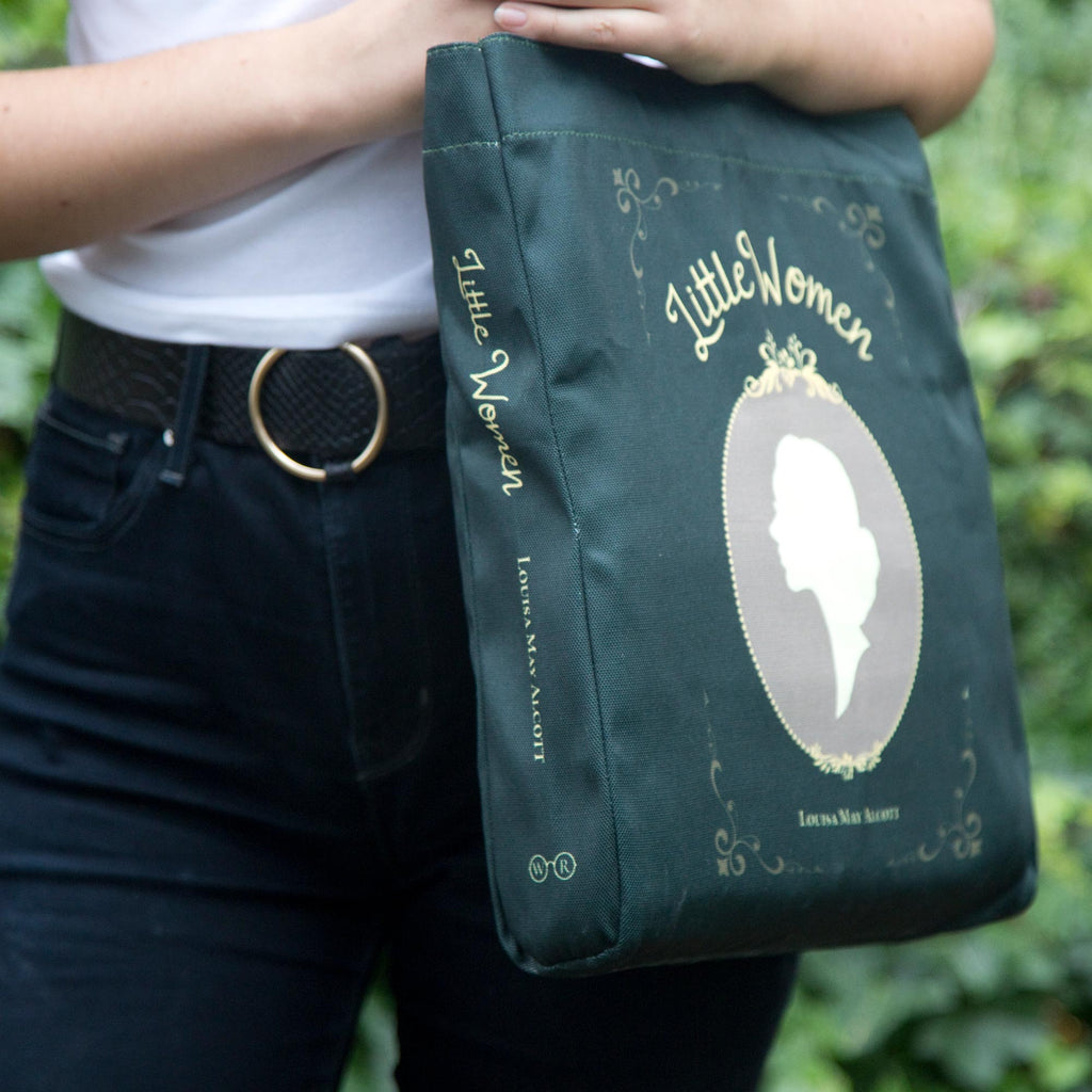 Little Women Green Tote Bag by Louisa May Alcott featuring Young Woman Profile design, by Well Read Co. - Girl Standing with Bag
