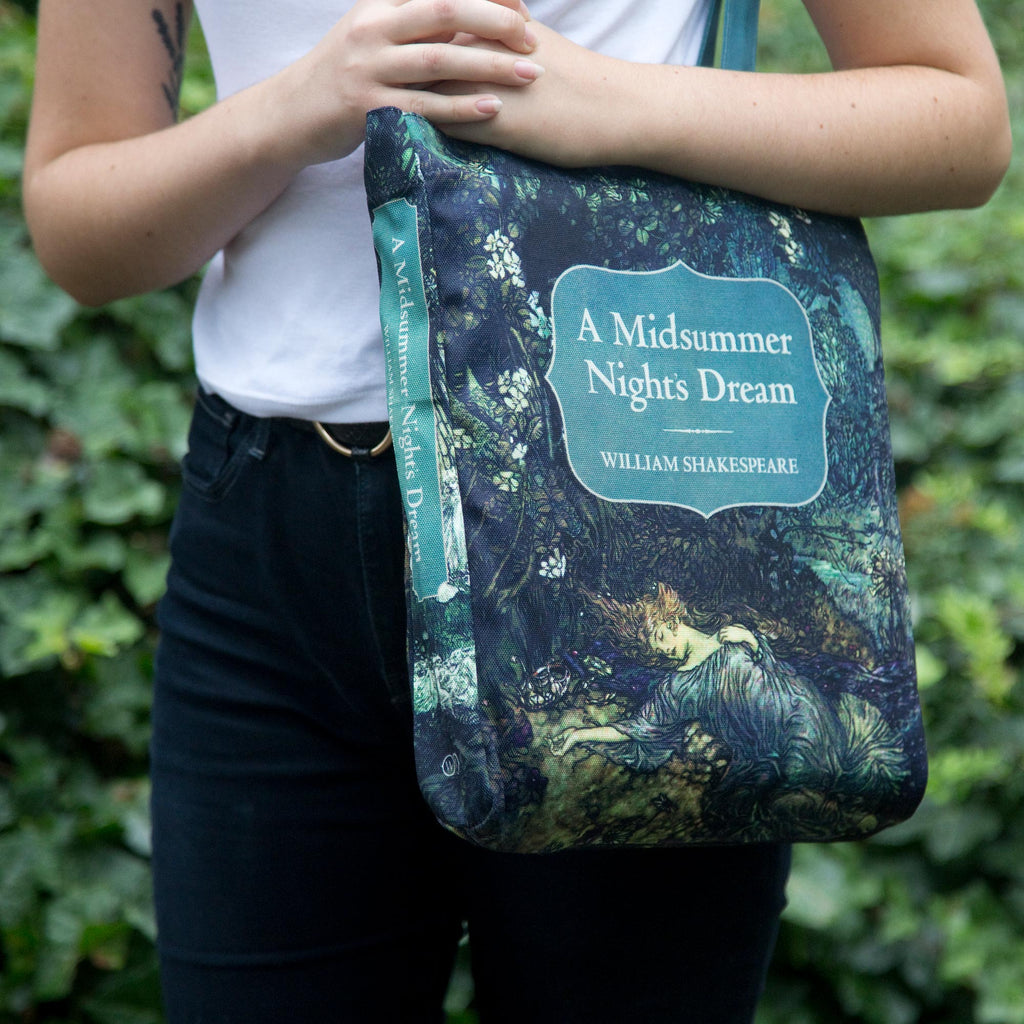 A Midsummer Night's Dream Polyester Tote Bag by William Shakespeare featuring Sleeping Tatiana design, by Well Read Co. - Model Standing