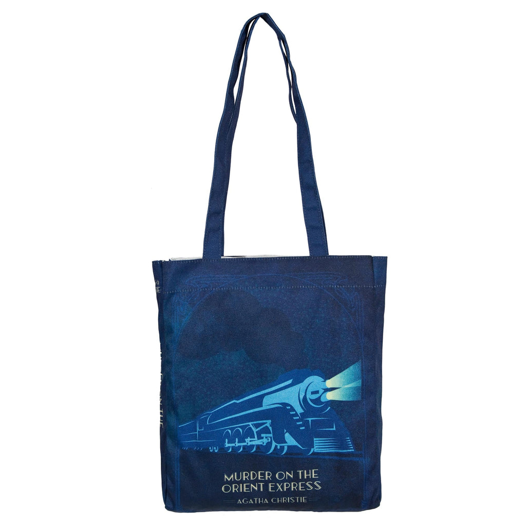The Murder on the Orient Express Blue Tote Bag by Agatha Christie featuring Steam Train design, by Well Read Co. - Girl Standing with Bag