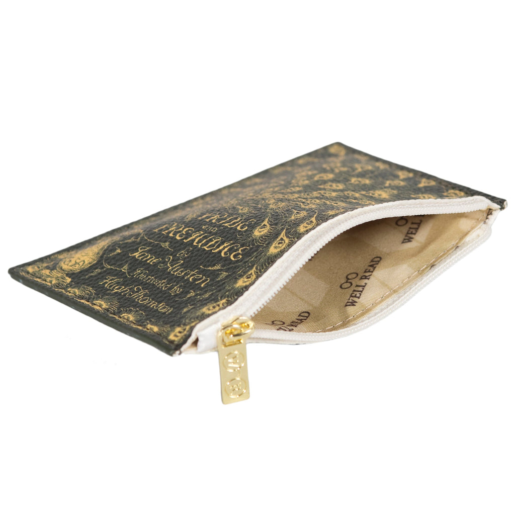 Pride and Prejudice Gold Peacock Coin Purse by Jane Austen featuring Hugh Thomson Cover design, by Well Read Co. - Opened Zipper