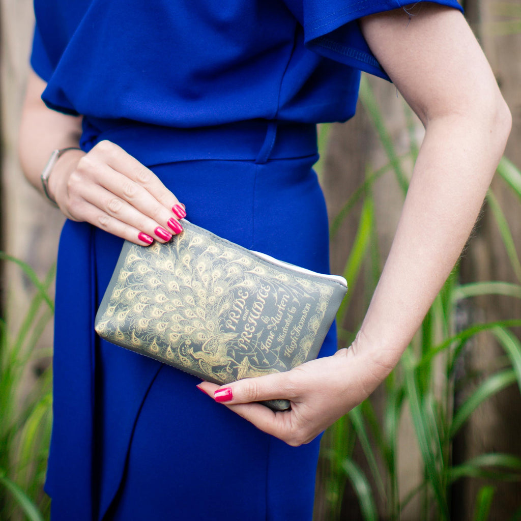 Pride and Prejudice Green Pouch Purse by Jane Austen with Gold Peacock design, by Well Read Co. - Model Standing