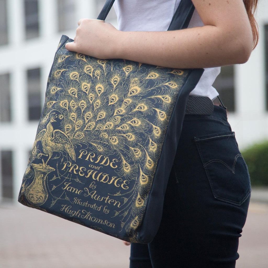 Pride and Prejudice Polyester Tote Bag by Jane Austen with Gold Peacock design, by Well Read Co. - Girl Standing with Bag