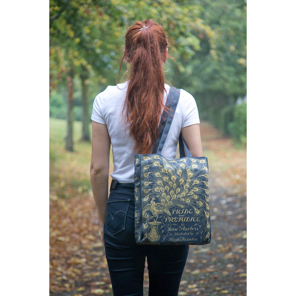 Pride and Prejudice Polyester Tote Bag by Jane Austen with Gold Peacock design, by Well Read Co. - Model Back Side