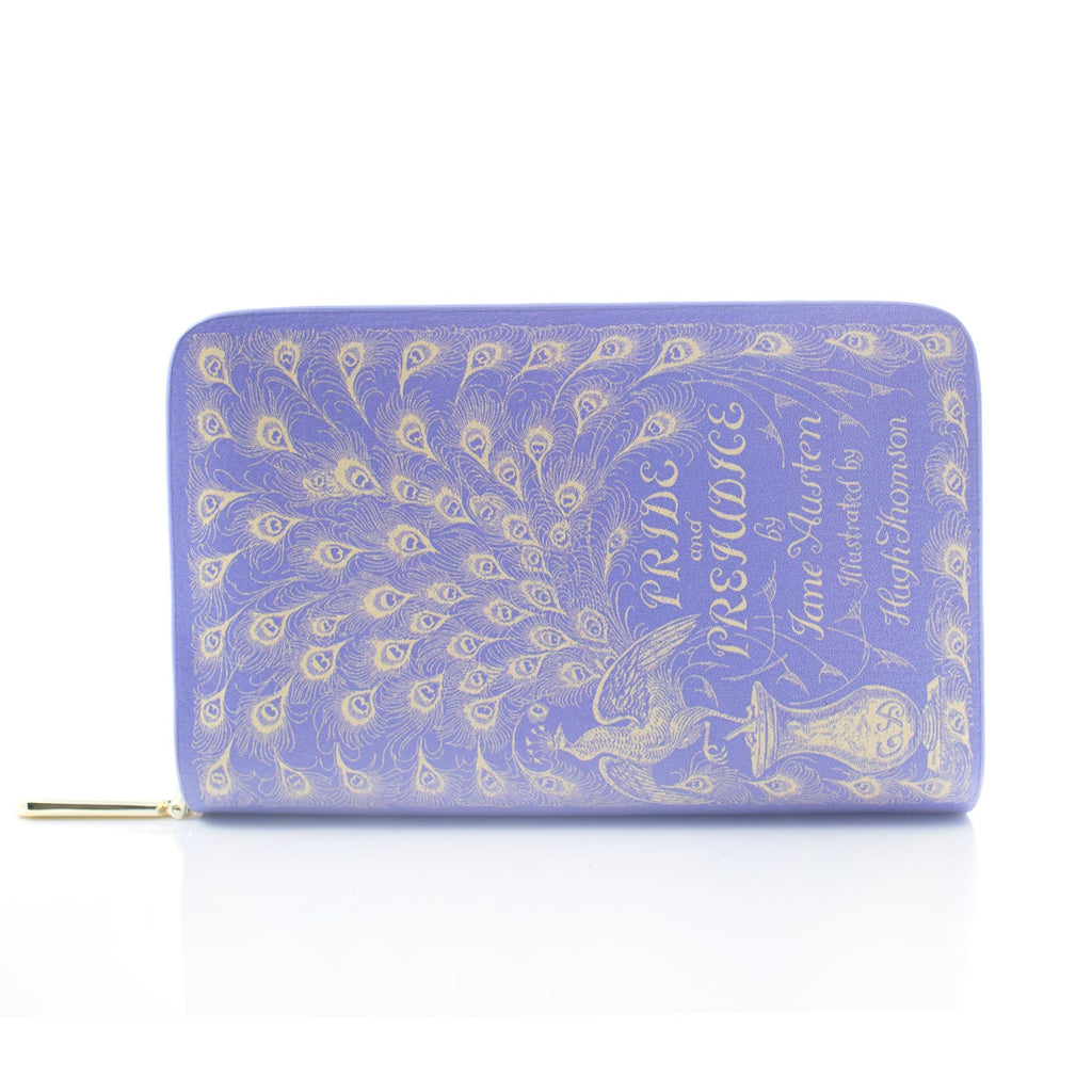 Pride and Prejudice Purple Wallet Purse by Jane Austen with Gold Peacock design, by Well Read Co. - Front