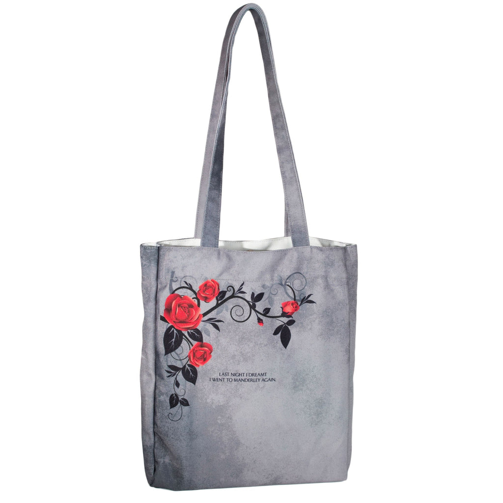 Rebecca Grey Tote Bag by Daphne du Maurier featuring Ornate Gate covered in Roses design, by Well Read Co. - Back