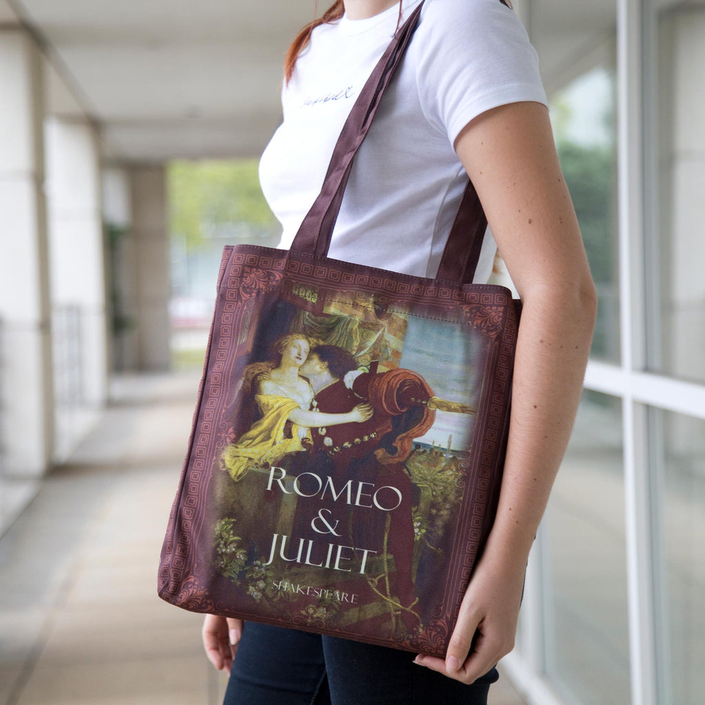 Romeo and Juliet Blue Tote Bag by William Shakespeare featuring Ford Madox Brown's 1870 Oil Painting, by Well Read Co. - Model Standing