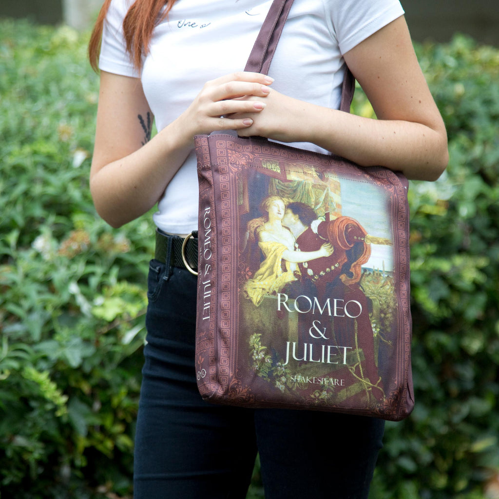 Romeo and Juliet Blue Tote Bag by William Shakespeare featuring Ford Madox Brown's 1870 Oil Painting, by Well Read Co. - Model with bag