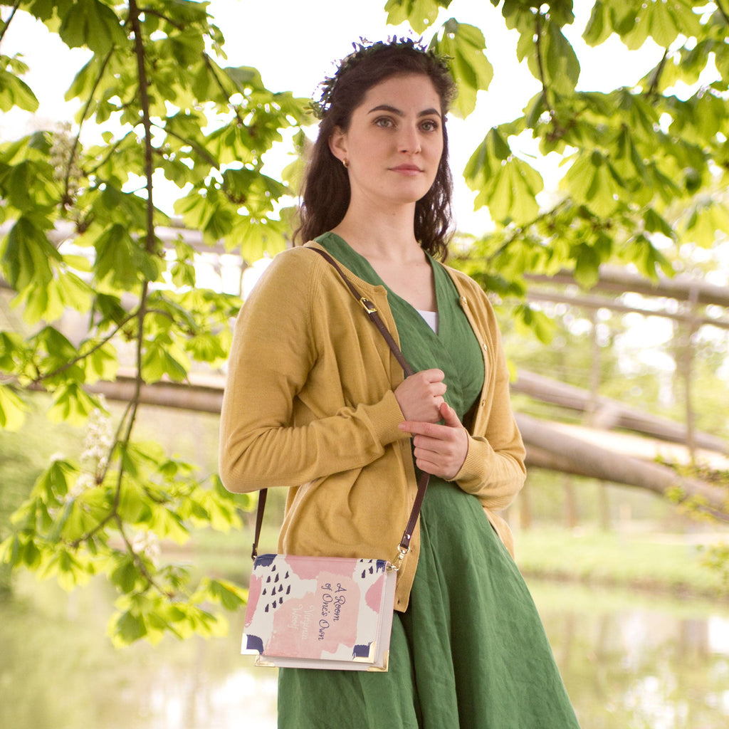 A Room of One's Own Vegan Leather Handbag by Virginia Woolf with Paint Splotches design, by Well Read Co. - Model in Green Dress