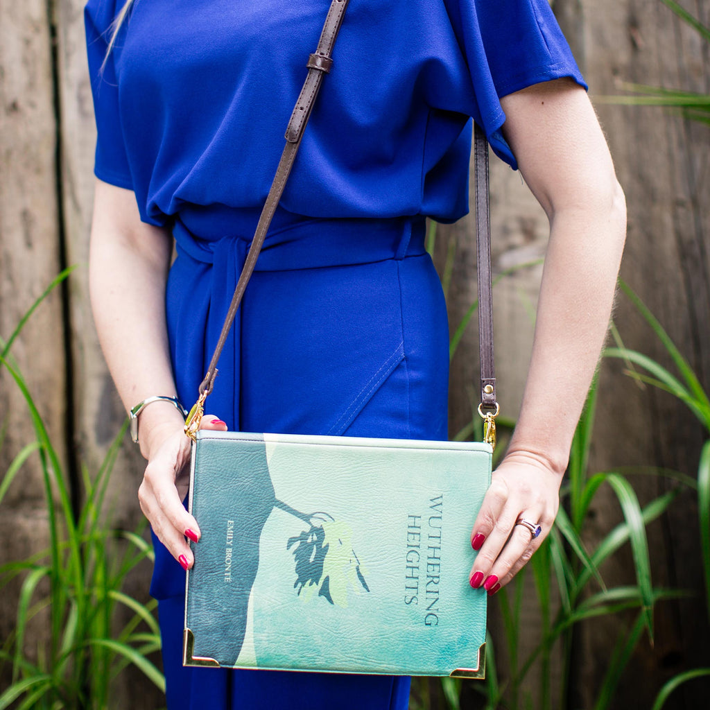 Wuthering Heights Green Crossbody Purse by Emily Brontë featuring Lonesome Tree design, by Well Read Co. - Model with bag