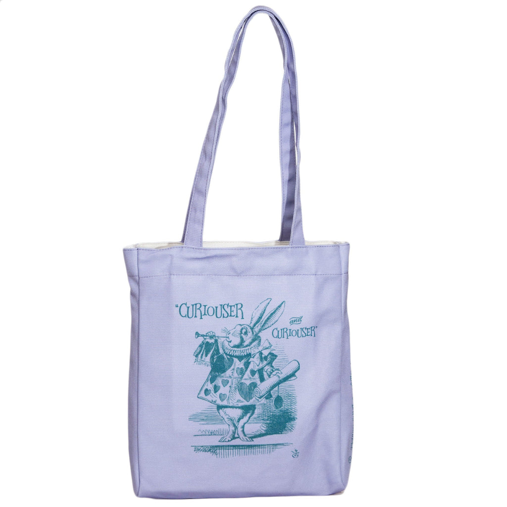 Alice's Adventures in Wonderland Purple Tote Bag by Lewis Carroll featuring Alice and Cheshire Cat design, by Well Read Co. - Front