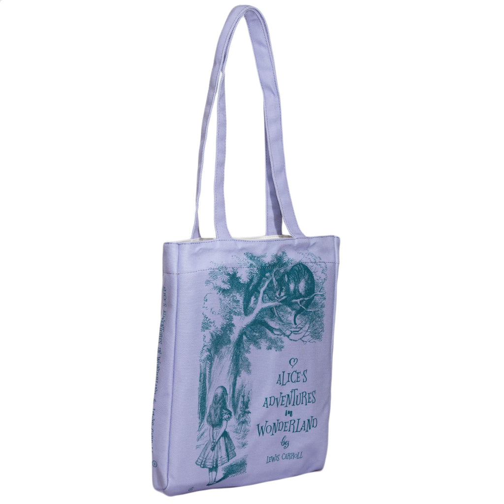 Alice's Adventures in Wonderland Purple Tote Bag by Lewis Carroll featuring Alice and Cheshire Cat design, by Well Read Co. - Side