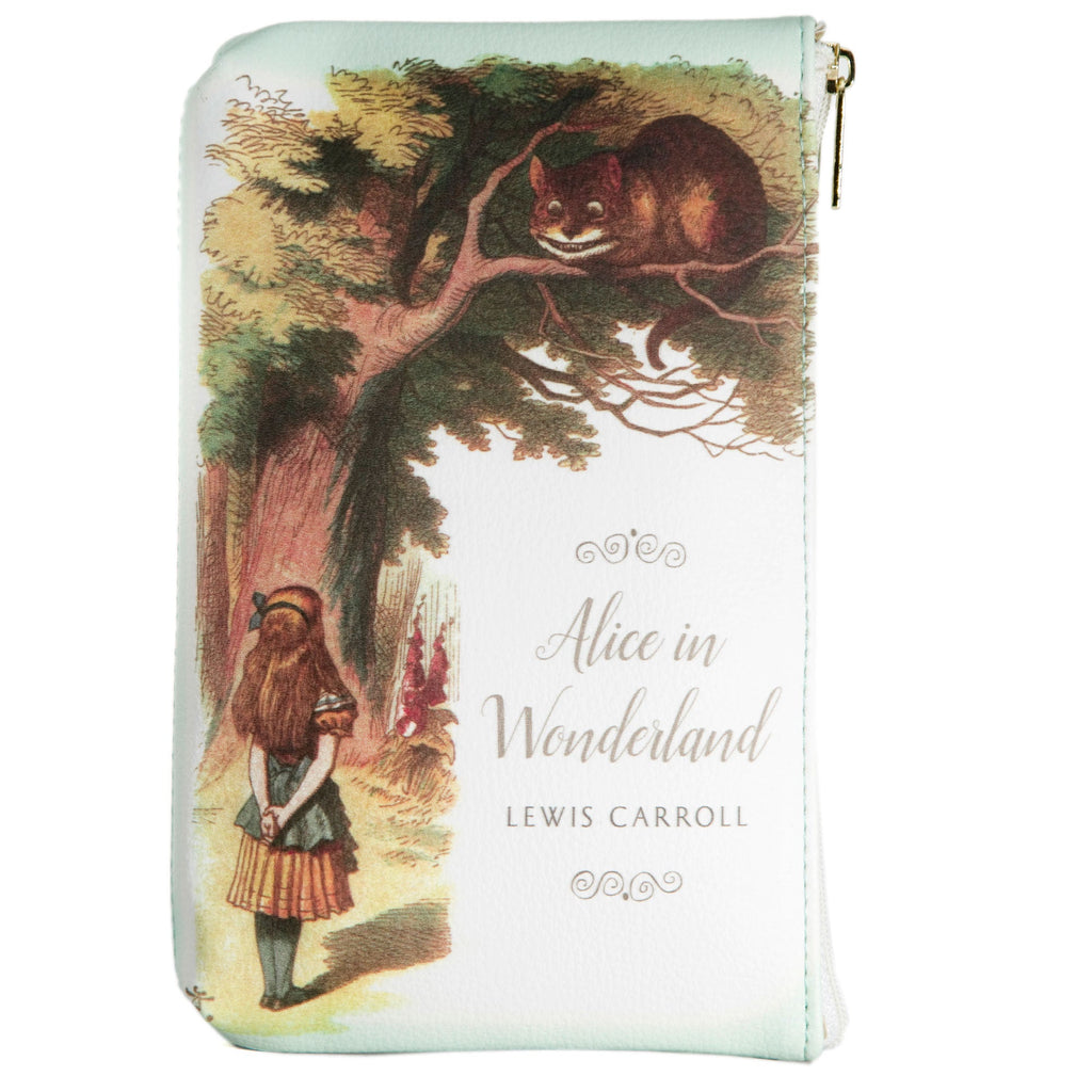 Alice's Adventures in Wonderland Green Pouch Purse by Lewis Carroll featuring Alice and Cheshire Cat design, by Well Read Co. - Front