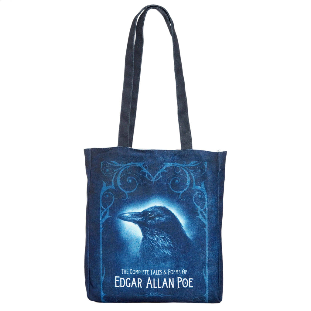 Collection of Tales and Poems Blue Tote Bag by Edgar Allen Poe featuring Raven design, by Well Read Co. - Front
