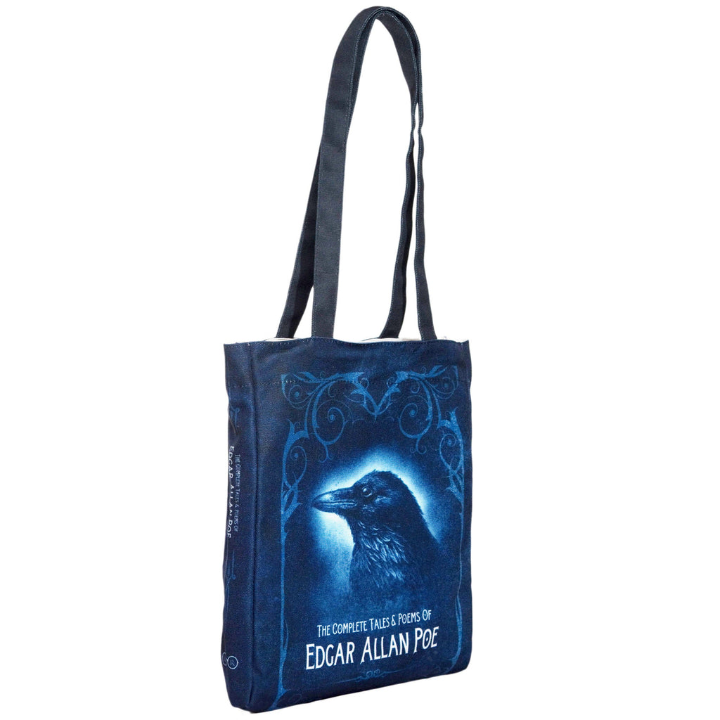 Collection of Tales and Poems Blue Tote Bag by Edgar Allen Poe featuring Raven design, by Well Read Co. - Side