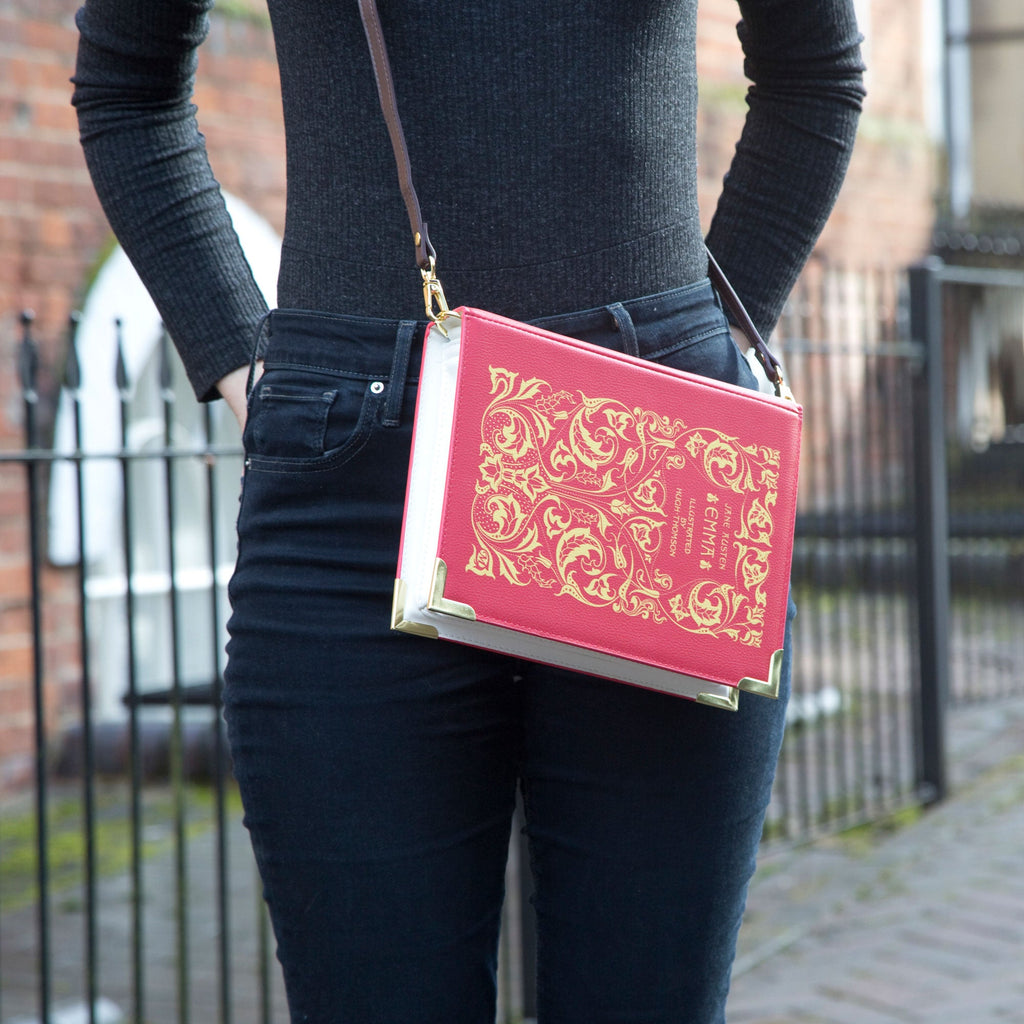 Emma Red Handbag by Jane Austen with Ornate Gold Leaf design, by Well Read Co. - Model
