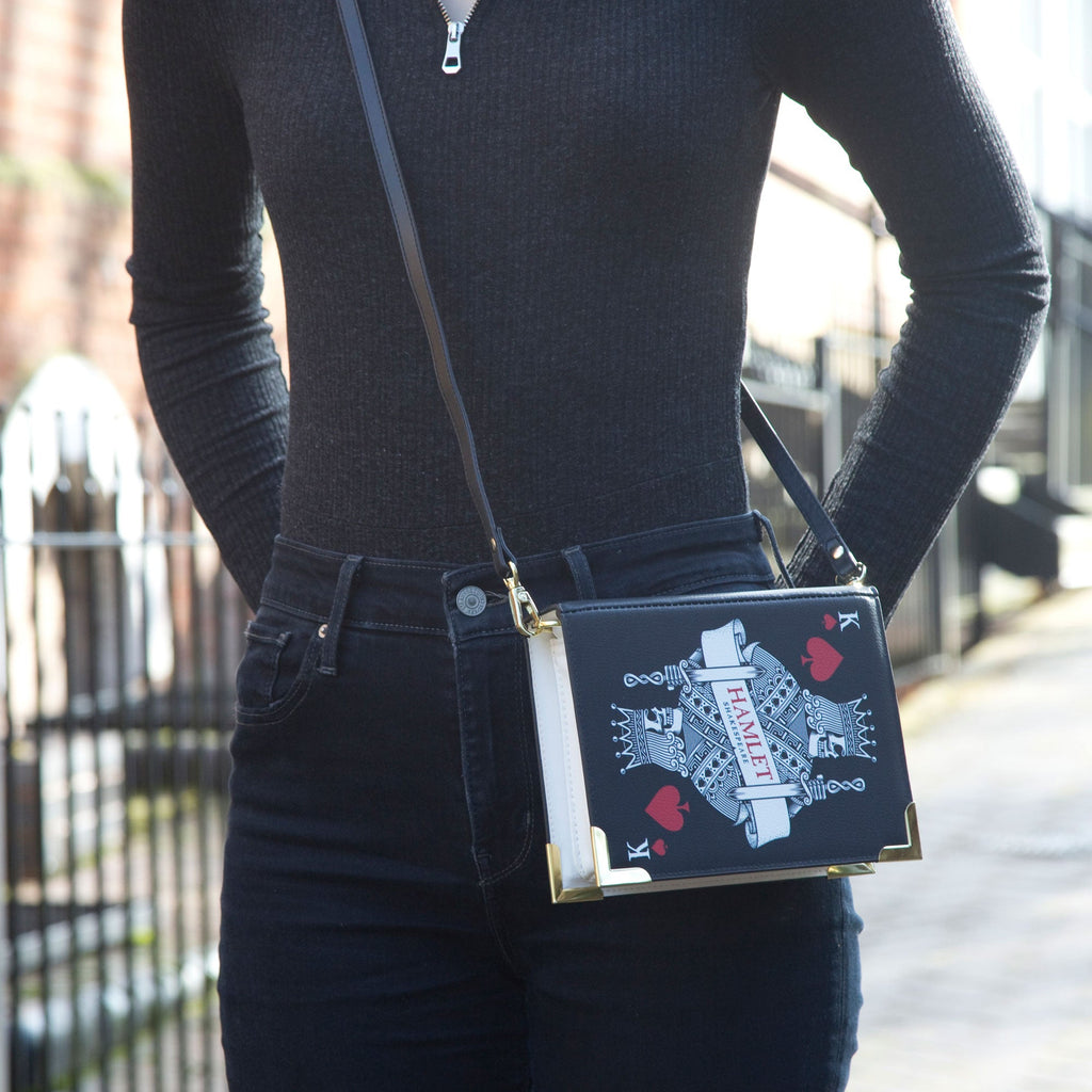 Hamlet Black Handbag by William Shakespeare featuring Playing Card design, by Well Read Co. - Model