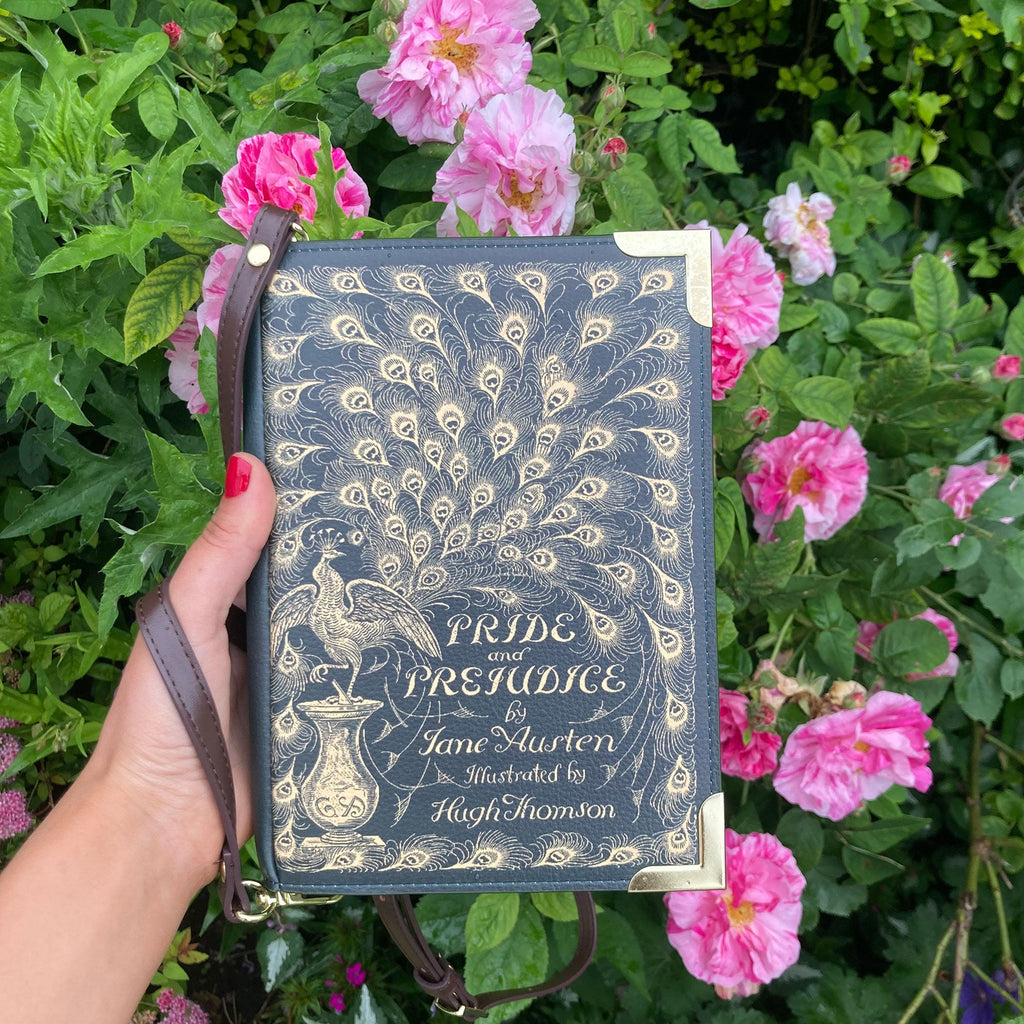 Book-shaped Pride and Prejudice Green Crossbody Purse by Jane Austen with Gold Peacock Feather design, by Well Read Co.- Handbag