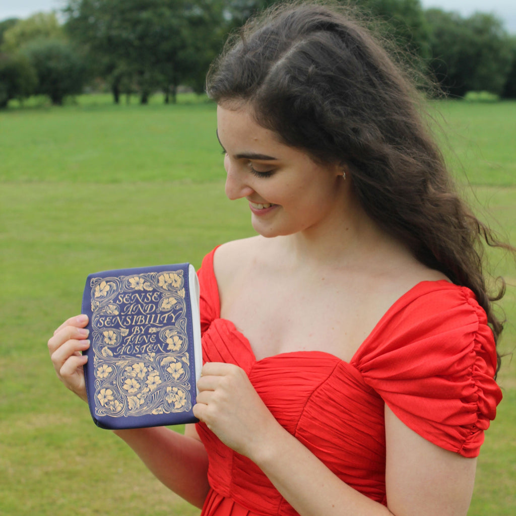 Sense and Sensibility Red Pouch Purse by Jane Austen featuring Ornate Gold Flower design, by Well Read Co. - Girl in red