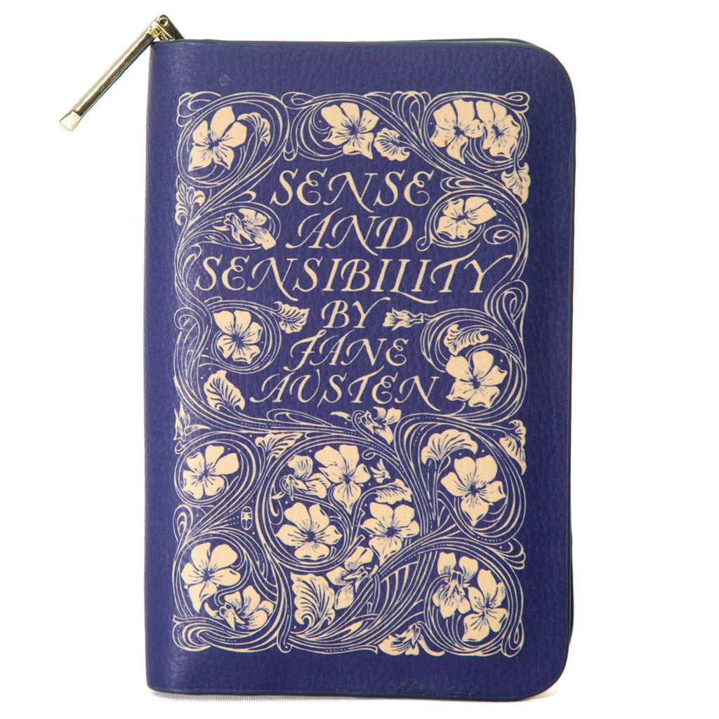 Sense and Sensibility Blue Wallet Purse by Jane Austen with Gold Flower design, by Well Read Co. - Front
